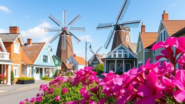 Charming American town with Scandinavian architecture and windmill.