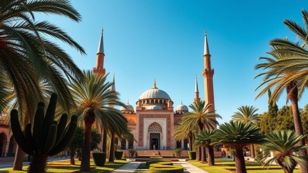 Koutoubia Mosque in Marrakech, lush garden setting.