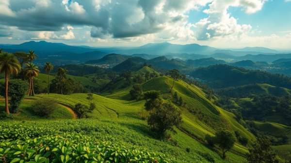 Scenic view of lush valleys in Sri Lanka's tea country.