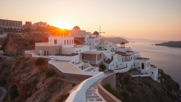 Rugged hillside village in Folegandros at sunset, ideal for birdwatching.