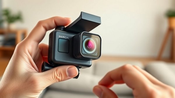 Close-up hands with action camera and ultra-wide lens cover.