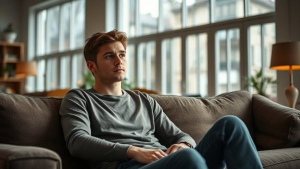 Casual man discussing AI plagiarism accusation case on couch.