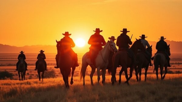 Cowboys on horseback in Nevada's prairie, showcasing art and culture.
