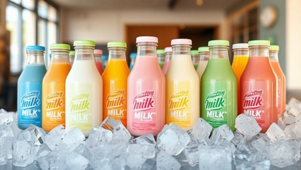 Assorted flavored milk bottles on ice, highlighting Bay Area Health Care Plan choices.