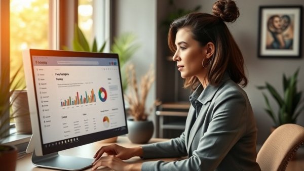 Investor Database for Fundraising Success: Woman using computer in office.