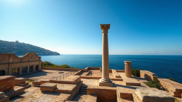 Nora archaeological site in Sardinia with ancient ruins and sea view.