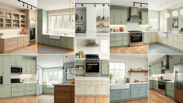 Elegant sage green kitchens with modern designs and lighting.
