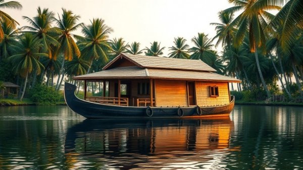 Kerala's Sacred Waters: Serene houseboat on backwaters amidst palm trees.