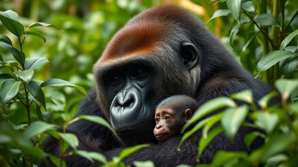 Mother gorilla and baby in Rwanda rainforest, nature-led adventures.