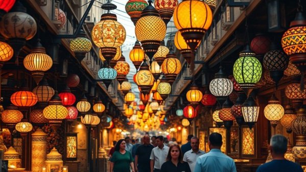 Bustling Moroccan souk with ornate lamps, capturing authentic culinary experiences in Morocco.
