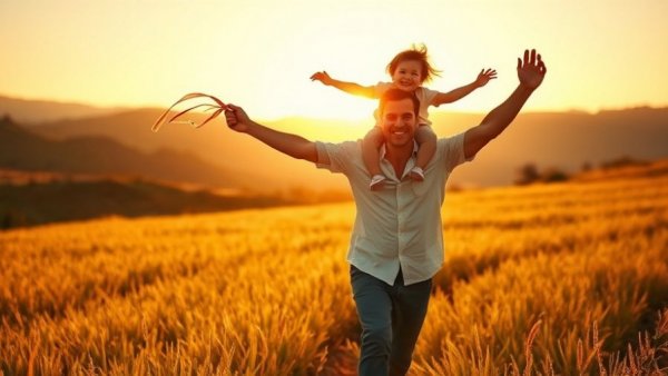 Father and child enjoying sunset in a field, values and beliefs.