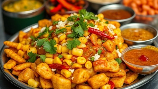 Indore street food with corn, cheese, chutneys on a plate.