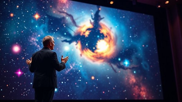 Dynamic speaker in front of galaxy, suggesting cosmic exploration, Brian Cox travel experiences