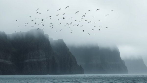 Misty cliffs of sub-Antarctic islands New Zealand with birds flying.