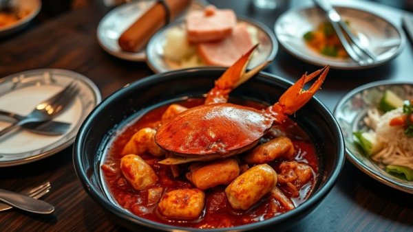 Savory chilli crab in Singapore with utensils and warm ambiance.