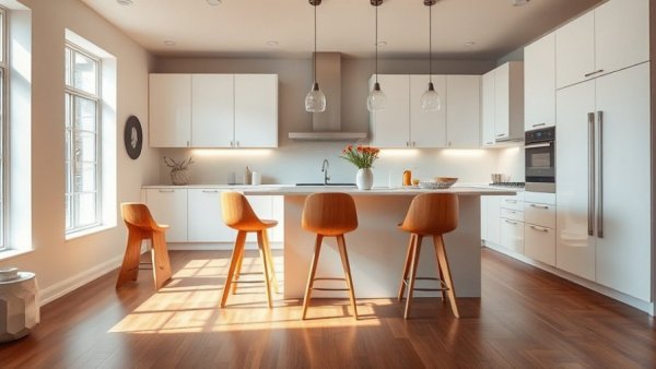 Modern kitchen with unique stools and lighting for kitchen upgrades to avoid.