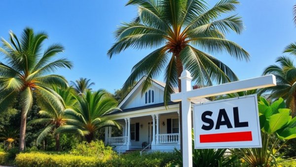 Charming home for sale amid tropical greenery reflecting realty trends.