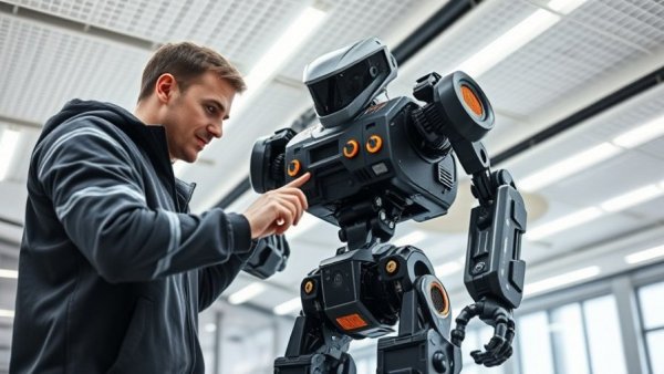 Evolving World of Toys: Man interacting with robotic gadget in showroom.