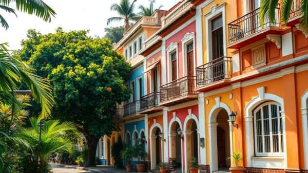 Colorful colonial buildings in inland Goa experiences vibrant afternoon.