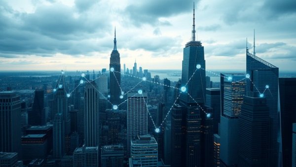 Digital Twin for Urban Planning: futuristic city with network symbols.