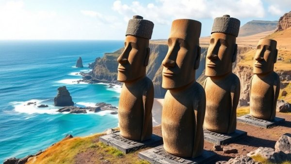 Easter Island coastline with Moai statues and cliffs.