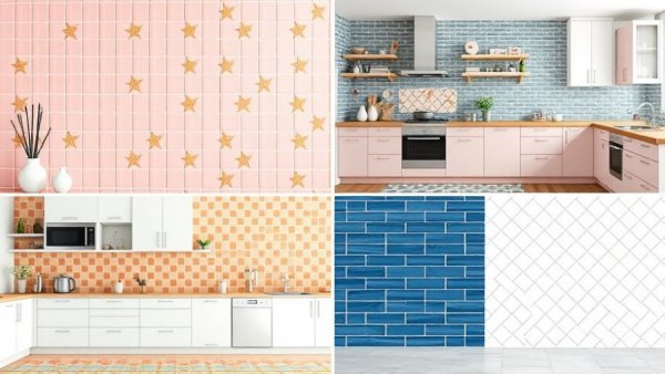 Collage of modern kitchen tile patterns for 2026 designs.