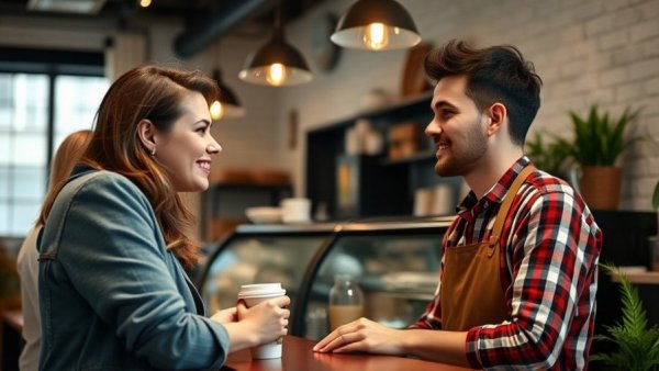 Customer and barista chatting in a cafe, related to exceptions to the four-hour pay requirement.