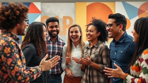 Diverse group discussing in a modern workspace, creative atmosphere.