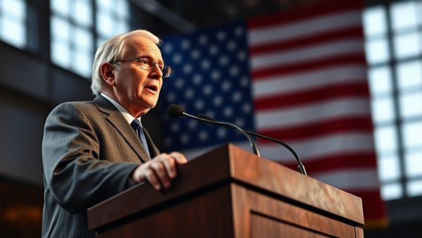 Elderly speaker delivering an address with a large flag background.