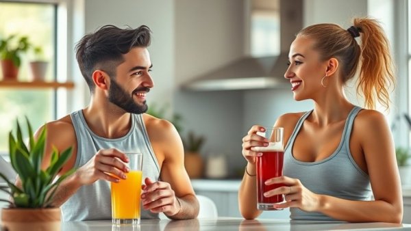 Two active individuals promoting a healthy lifestyle in a modern kitchen, supporting cardiovascular longevity.