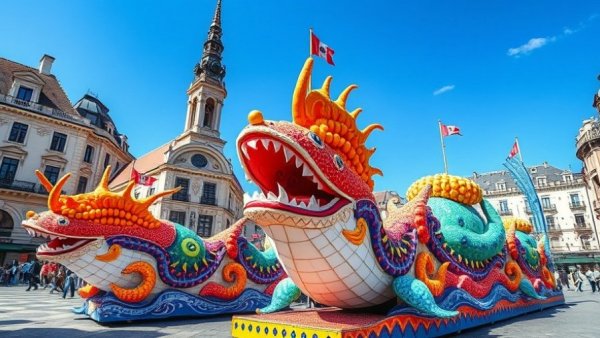 Vibrant festival floats at a March celebration, best places to travel.