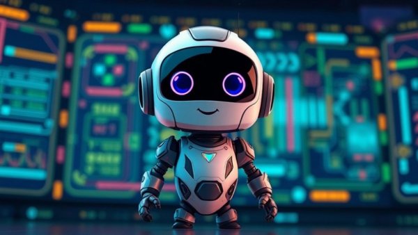 Futuristic robot with tech background, vibrant colors, cartoon style.