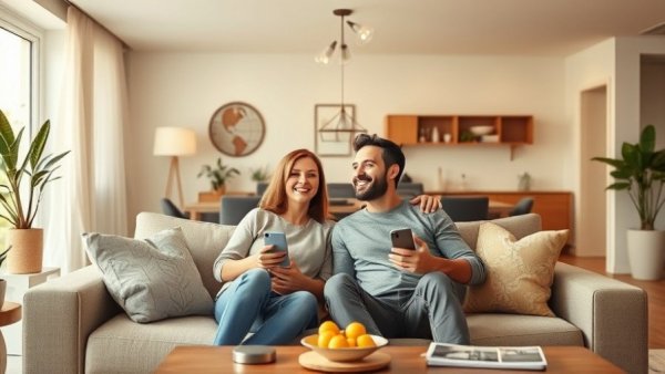 Couple using smart home automations in a cozy living room.