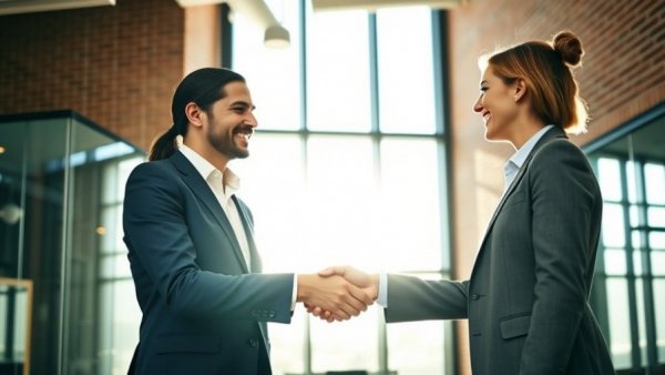 Professional handshake in modern office, hiring LATAM talent.