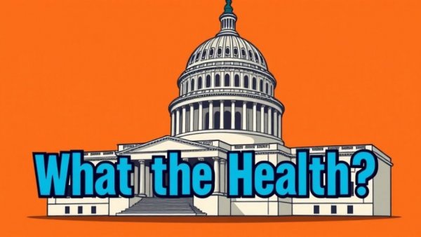 Illustration of U.S. Capitol, 'What the Health?' text, orange background, health care in midterm elections theme.