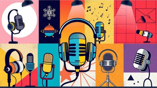 Illustration of podcast theme with microphones and media icons, Healthcare Struggles for Detainees.