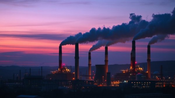 Coal power plant emits smoke during twilight, highlighting industrial impact.