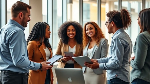 Collaborative team discussing employee engagement strategies in modern office.