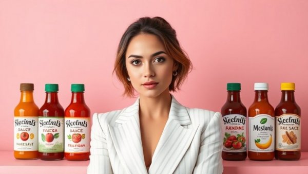 Confident woman with sauce packaging in a vibrant setting, ideal for AI tools for solopreneurs.