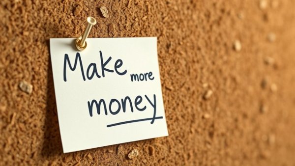 Handwritten note saying 'Make more money!' pinned to corkboard, motivational message.