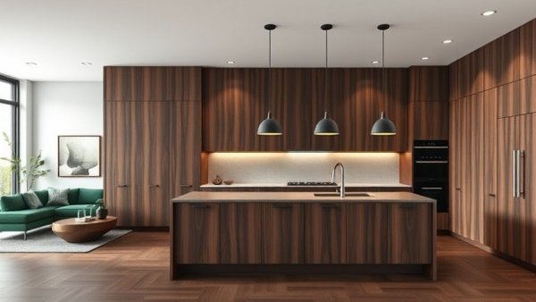 Modern walnut kitchen cabinet ideas for 2026 in stylish open-concept space.