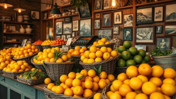 Rustic shop display with fresh Florida citrus in baskets, cozy indoor setting.