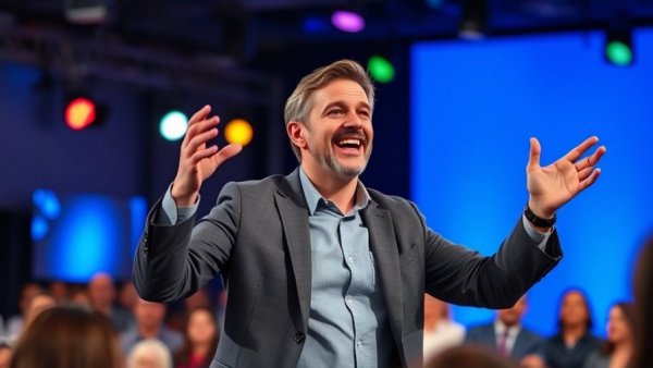 Motivational speaker engaging audience on vibrant blue stage.