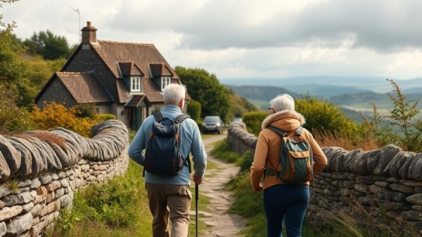 Hikers on Coast to Coast trail England in scenic village setting.