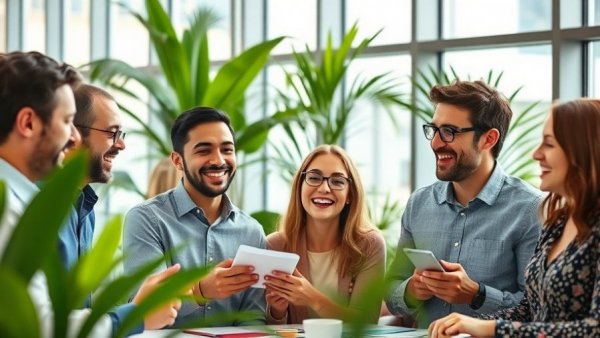 Colleagues participating in team bonding activities in a bright office.