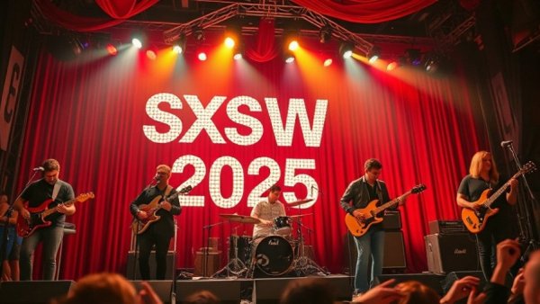 SXSW free music events band performance with 2025 sign.