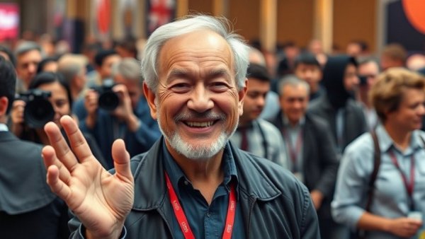 Confident older man posing at a busy event.