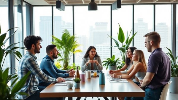 Energetic team in a modern office discussing around a table, highlighting connection activities to strengthen team bonds.