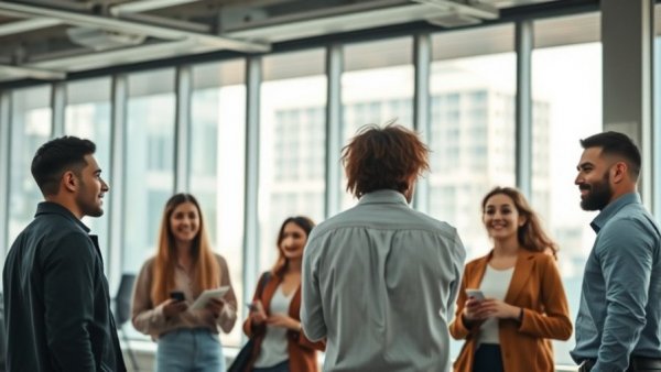 Team discussing connection activities in bright office with plants.