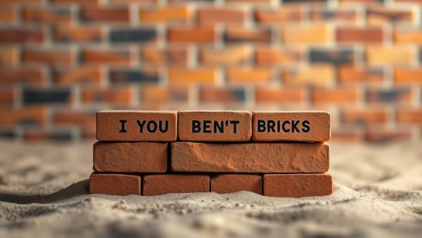 Stack of bricks with motivational text on sandy surface.